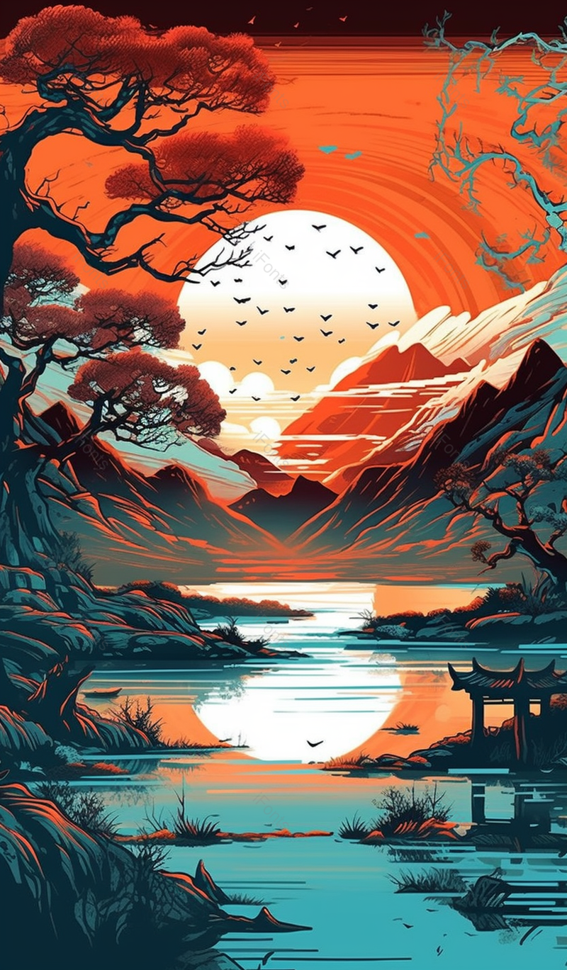 中国风山水建筑日出日出晚霞时分的太阳照映在平静的湖面之上,插画/手绘图,插画/手绘图库,插画/手绘图下载,插画/手绘